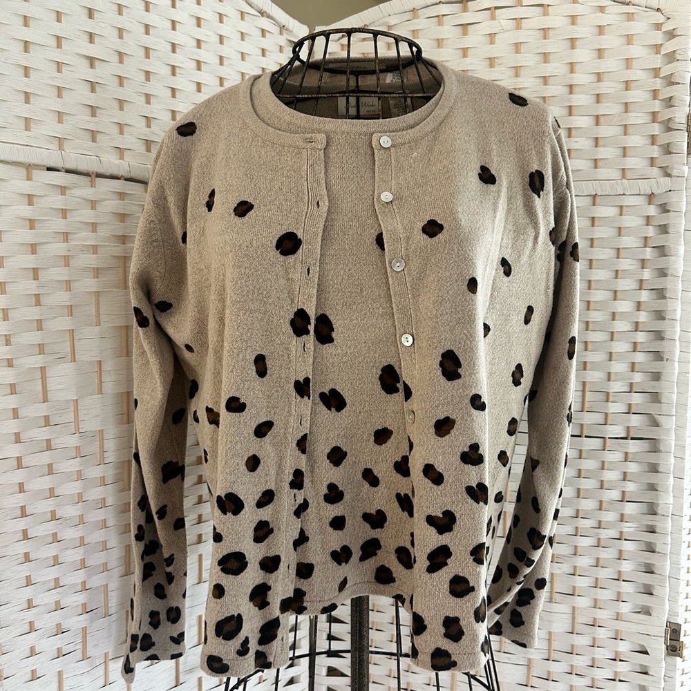 Studio Works Tan and Black Leopard Patterned Cardigan Set
